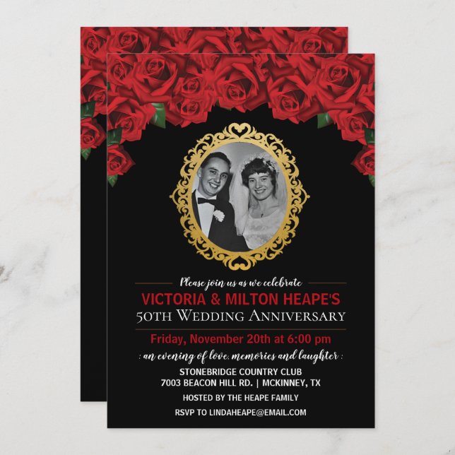 Invitation d'anniversaire de mariage - Roses TOUTE (Devant / Derrière)