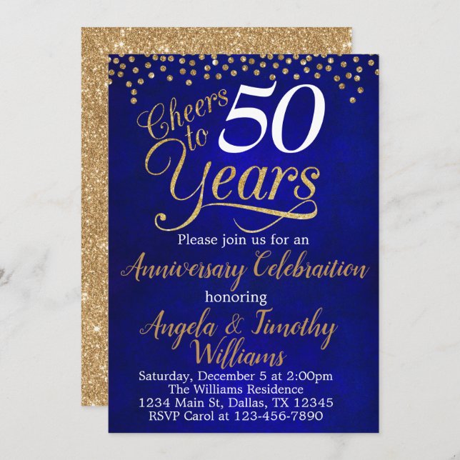 Invitation d'anniversaire de mariage Sapphire Gold (Devant / Derrière)