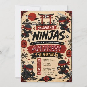 Invitation d'anniversaire de ninjas samouraïs pers