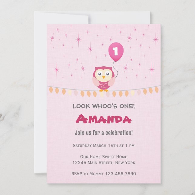 Invitation d'anniversaire de Owl pour Girl (rose) (Devant)