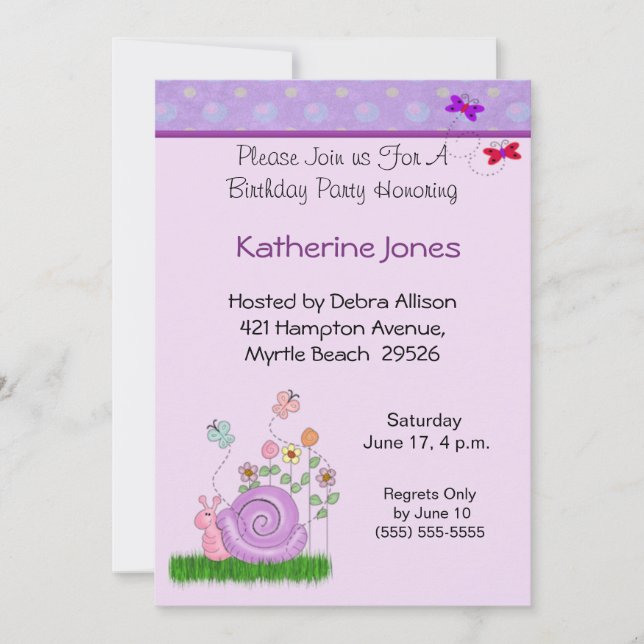 Invitation d'anniversaire de papillon et d'escargo (Devant)
