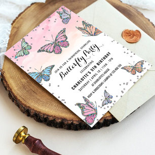 Invitation d'anniversaire de papillon holographiqu