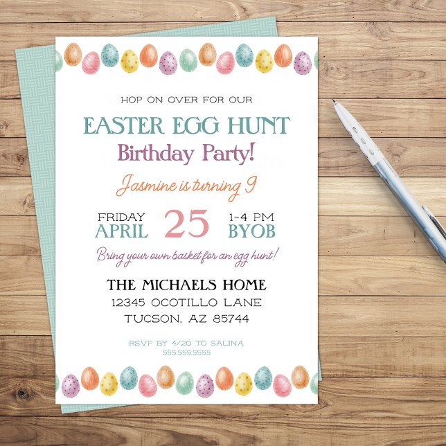 Invitation d'anniversaire de Pâques pour fille ou  (fun easter birthday party invitation for boy or girl with simple easter egg border)