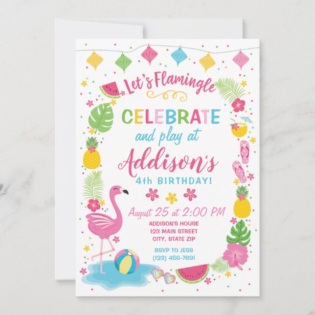 Invitation d'anniversaire de partie de Flamingle (Devant)