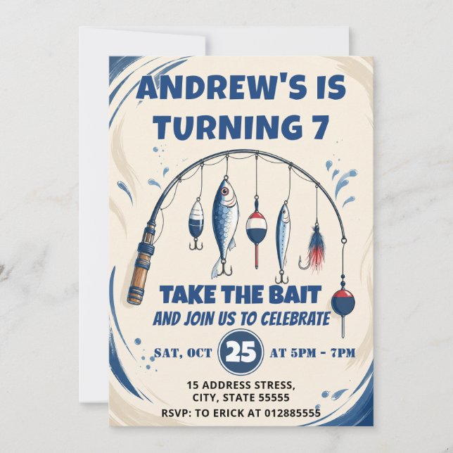 Invitation d'anniversaire de pêche personnalisée O (Devant)
