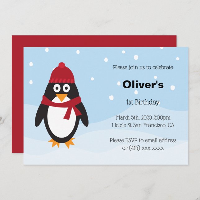 Invitation d'anniversaire de Penguin pour les anni (Devant / Derrière)