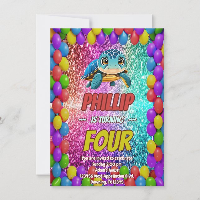 Invitation d'anniversaire de personnage de tortue (Devant)