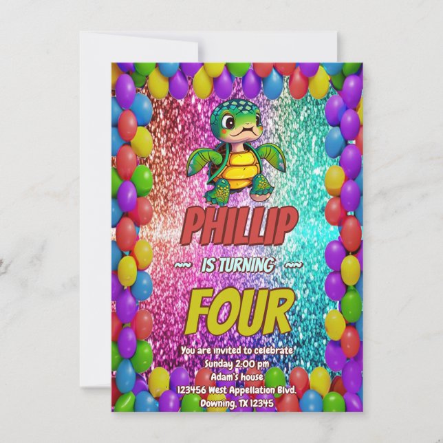 Invitation d'anniversaire de personnage de tortue (Devant)