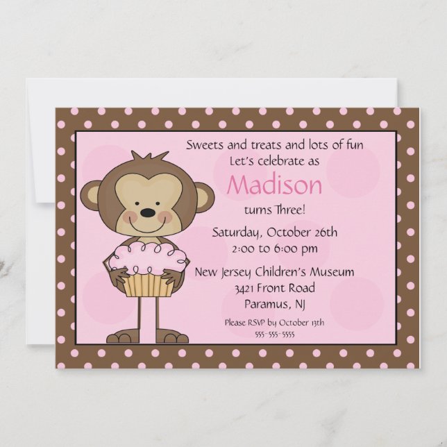 Invitation d'anniversaire de petit gâteau de singe (Devant)