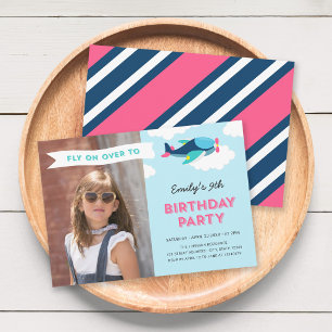 Invitation d'anniversaire de photo d'avion rose, b
