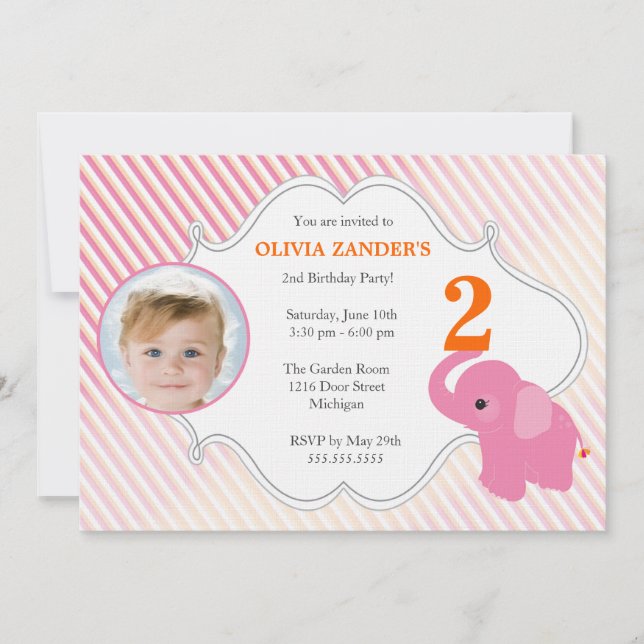 Invitation d'anniversaire de photo d'éléphant rose (Devant)