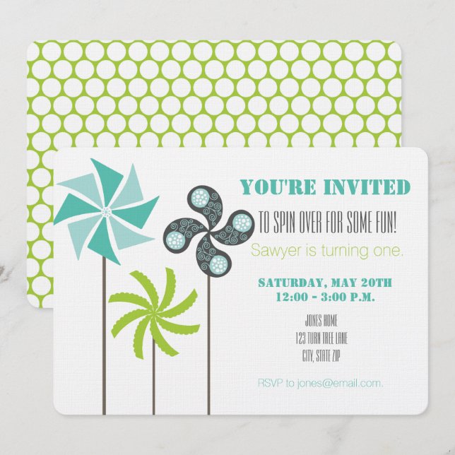 Invitation d'anniversaire de Pinwheel moderne - Ve (Devant / Derrière)