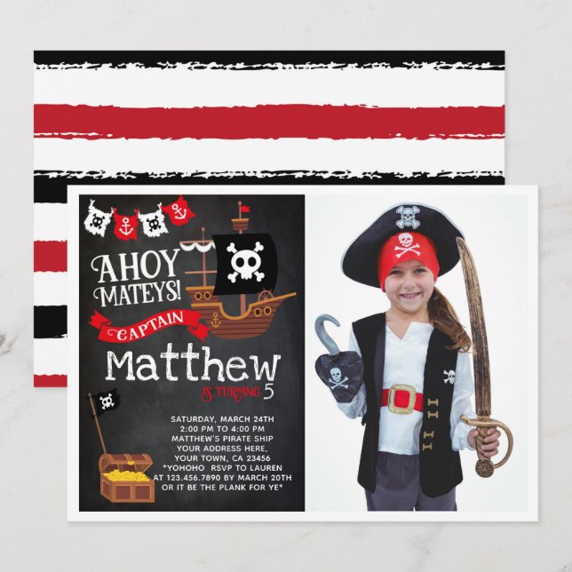 Invitation d'anniversaire de pirate avec la photo (Devant / Derrière)