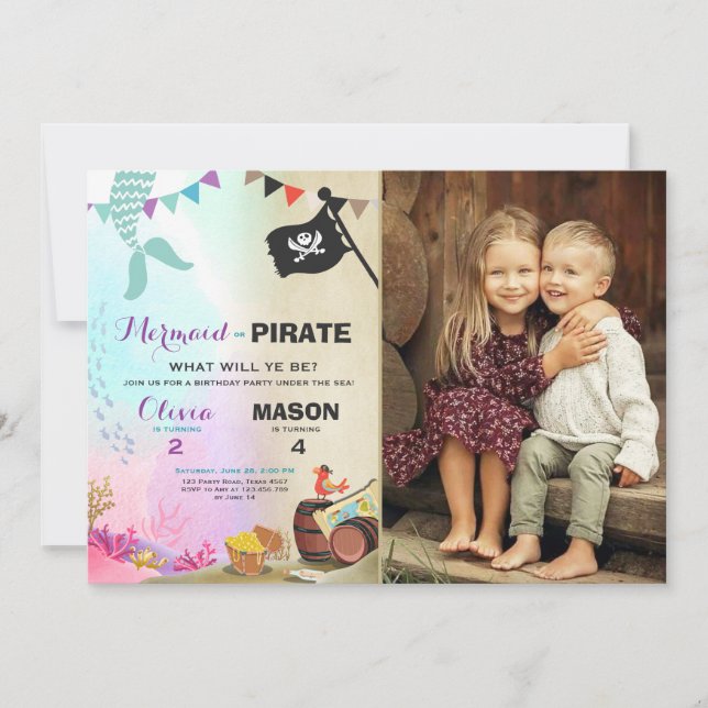 Invitation d'anniversaire de Pirate ou de Sirène (Devant)
