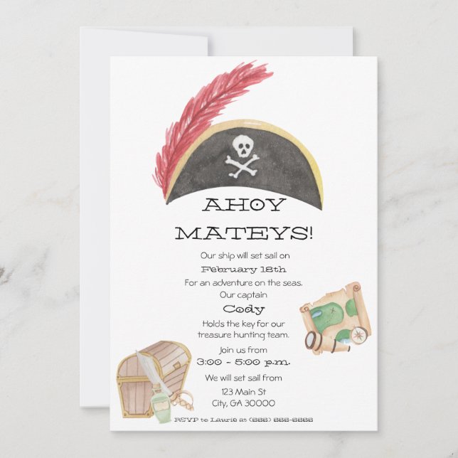 Invitation d'anniversaire de pirates (aquarelle) (Devant)