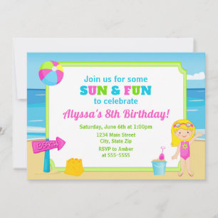 Invitation d'anniversaire de plage Fille de fête d
