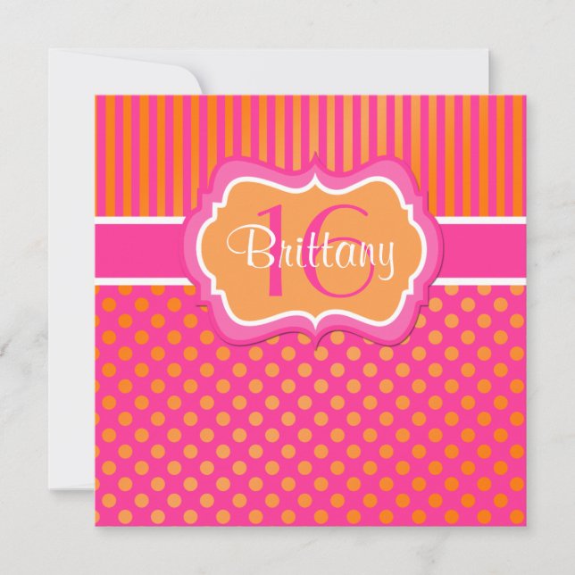 Invitation d'anniversaire de pois rose et orange (Devant)