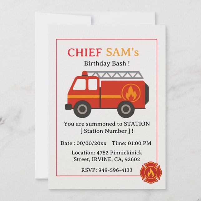 Invitation d'anniversaire de pompier (Devant)