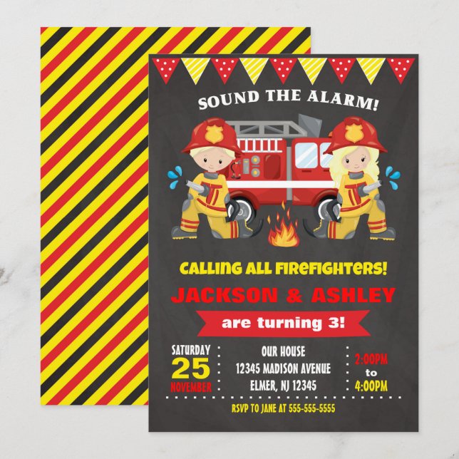 Invitation d'anniversaire de pompiers Garçon conjo (Devant / Derrière)