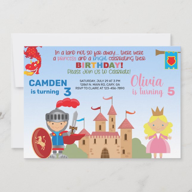 Invitation d'anniversaire de princesse et de frère (Devant)