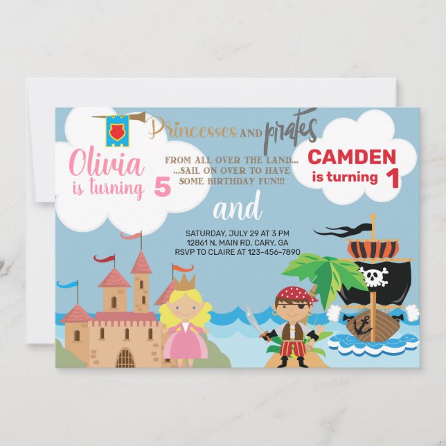Invitation d'anniversaire de princesse et de frère (Devant)