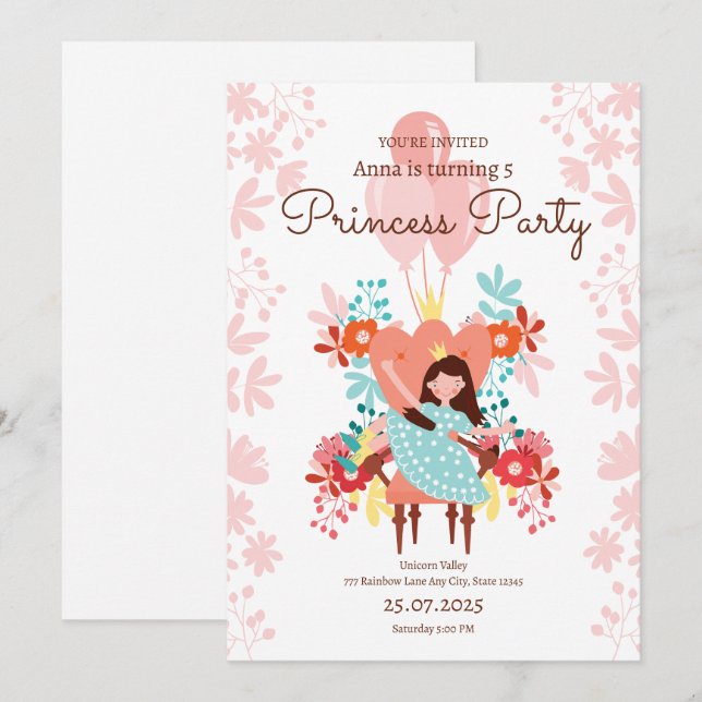 Invitation d'anniversaire de princesse, Invitation (Devant / Derrière)