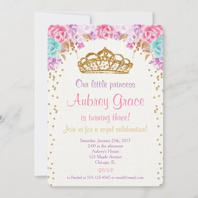Invitation d'anniversaire de princesse, or pourpre (Devant)