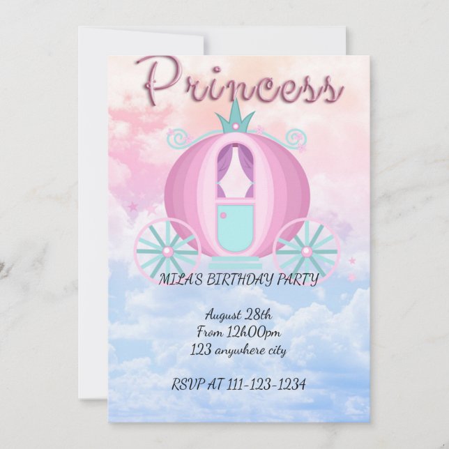 Invitation d'anniversaire de princesse pour filles (Devant)