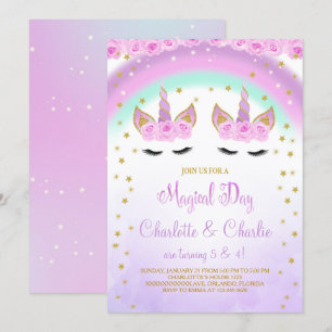 Invitation d'anniversaire de Purple Twins Unicorn