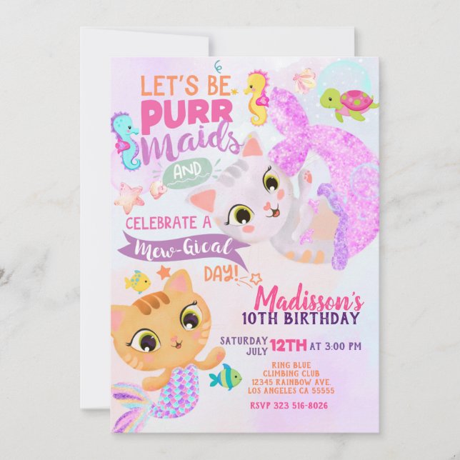 Invitation d'anniversaire de Purrmaids sirène féli (Devant)