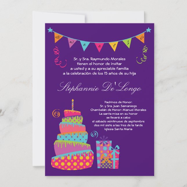 invitation d'anniversaire de Quinceanera de gâteau (Devant)