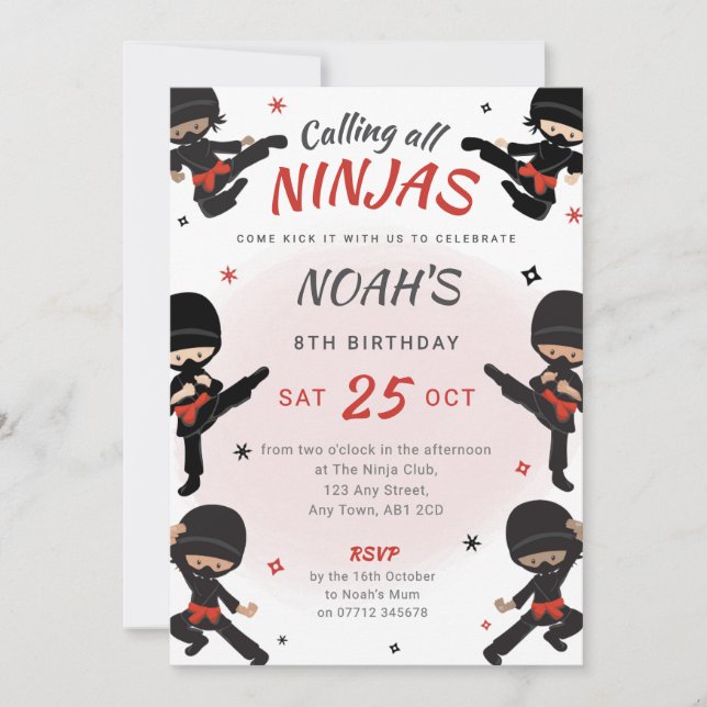 Invitation d'anniversaire de Red Ninja - Venez le  (Devant)