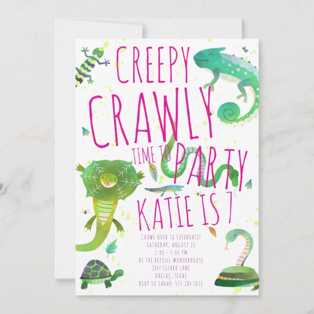 Invitation d'anniversaire de reptile féminin - Liz (Devant)