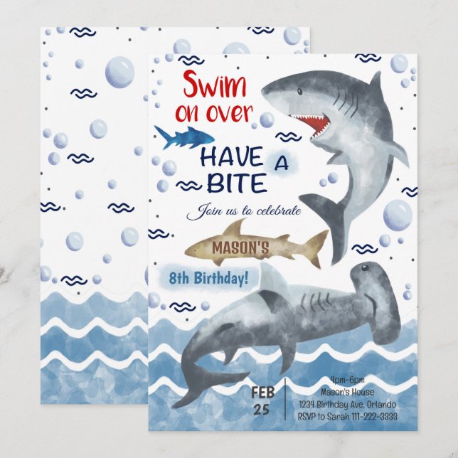 Invitation d'anniversaire de requin (Devant / Derrière)