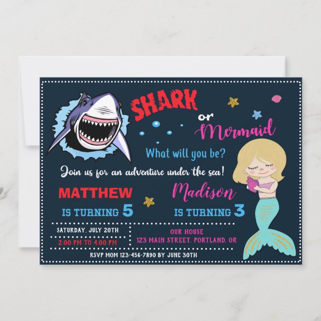 Invitation d'anniversaire de requin et sirène (Devant)