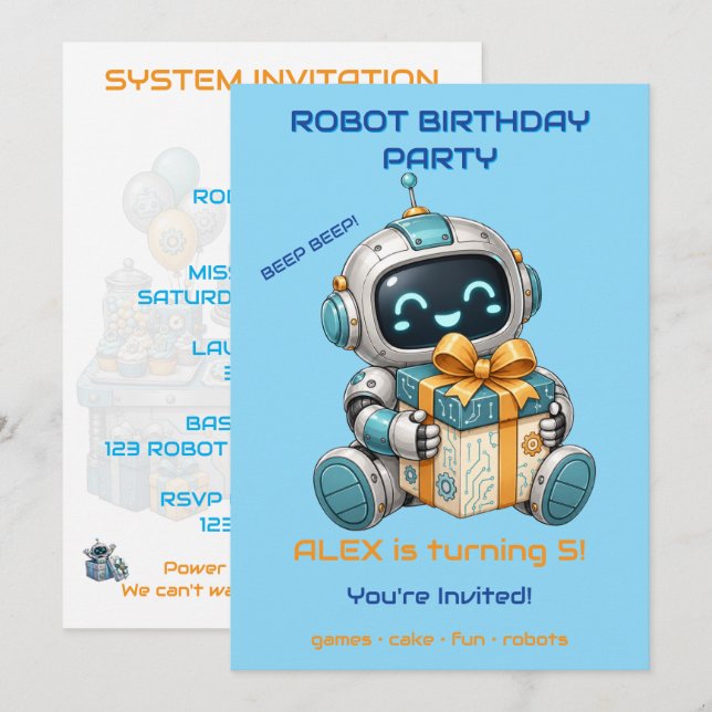 Invitation d'anniversaire de robot garçon tech Bip (Devant / Derrière)