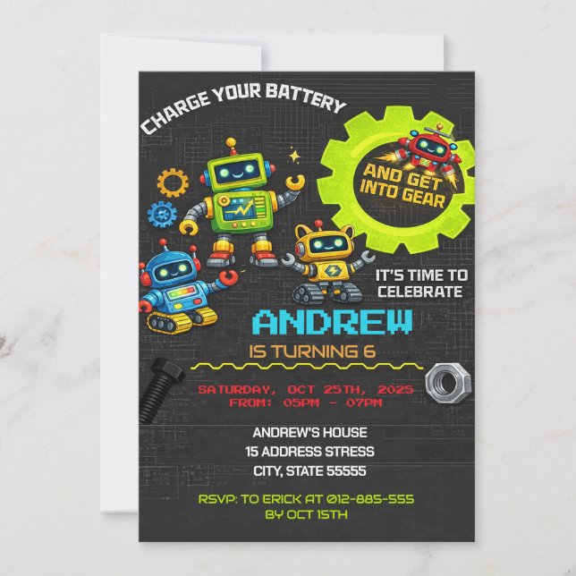 Invitation d'anniversaire de robots personnalisés (Devant)