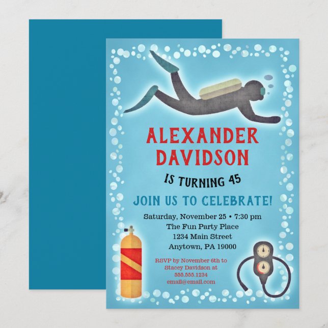 Invitation d'anniversaire de Scuba Plongeur (Devant / Derrière)