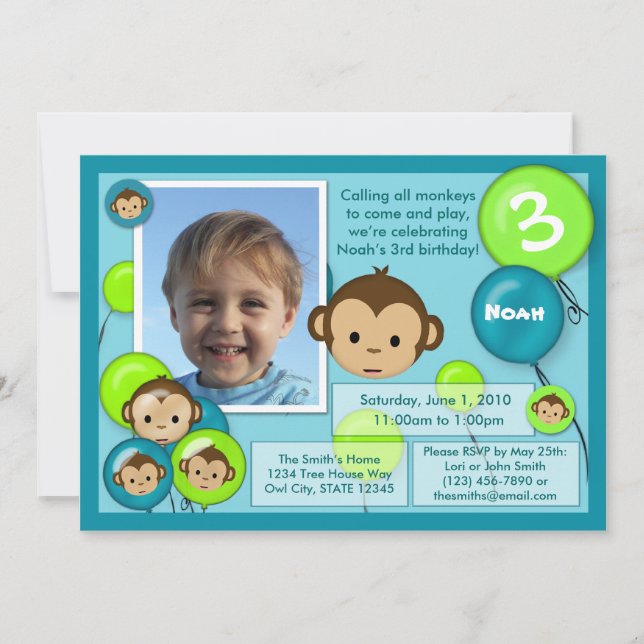 Invitation d'anniversaire de singe bleu vert (phot (Devant)