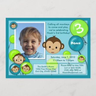 Invitation d'anniversaire de singe bleu vert (phot