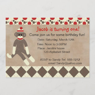 Invitation d'anniversaire de singe de chaussette