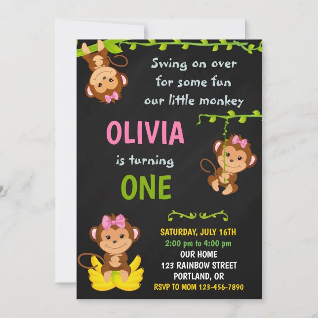 Invitation d'anniversaire de singe Fille 1er anniv (Devant)