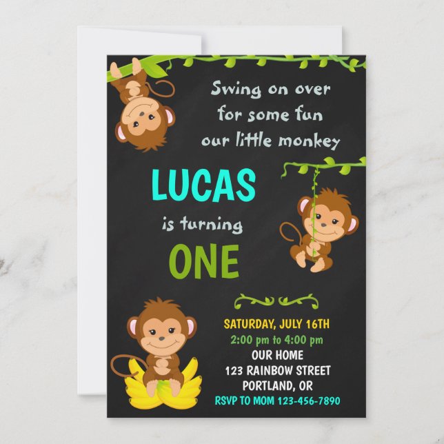 Invitation d'anniversaire de singe Garçon 1ère fêt (Devant)
