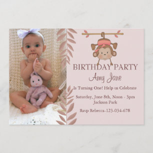 Invitation d'anniversaire de singe rose