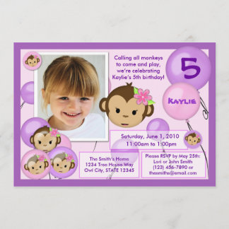 Invitation d'anniversaire de singe rose violet (ph
