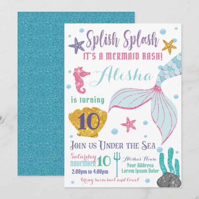 Invitation d'anniversaire de Sirène (Devant / Derrière)