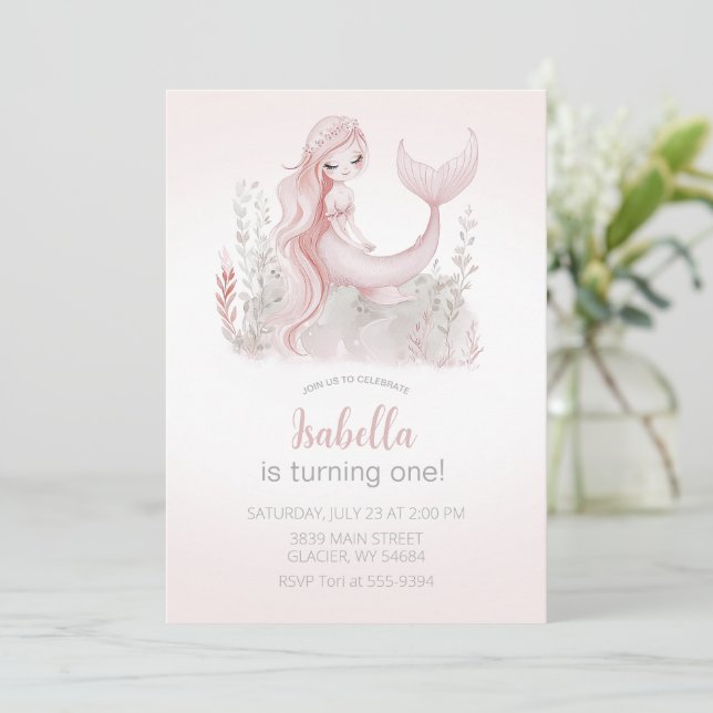 Invitation d'anniversaire de Sirène en rose (Debout devant)
