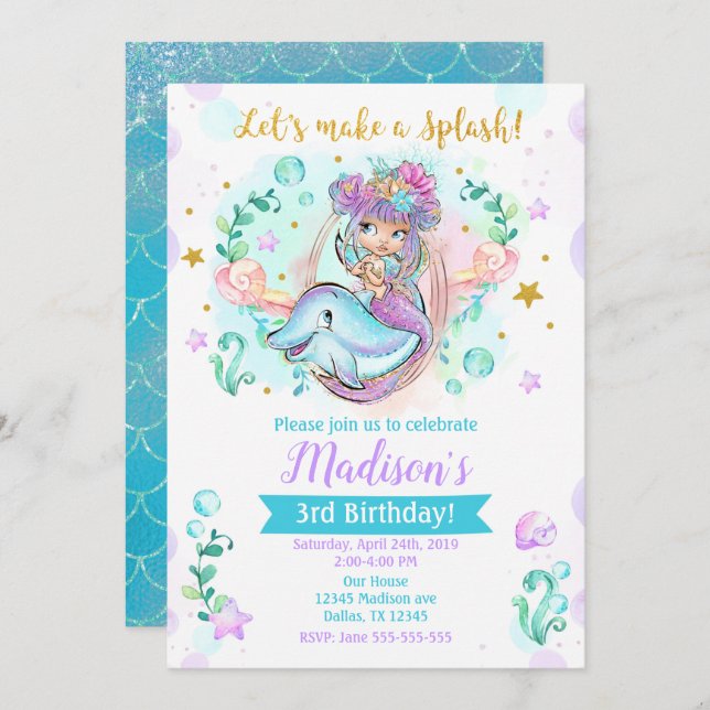 Invitation d'anniversaire de sirène et de dauphin (Devant / Derrière)