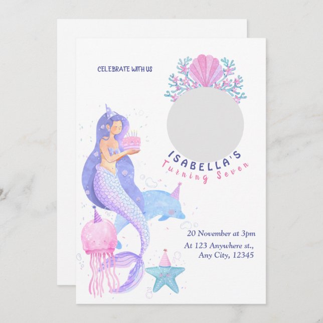 Invitation d'anniversaire de sirène mignonne sous  (Devant / Derrière)