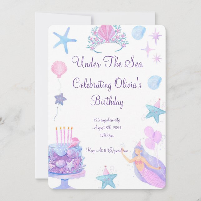 Invitation D'Anniversaire De Sirène Pour Filles An (Devant)